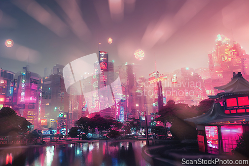 Image of Futuristic cityscape with neon lights at night. Abstract modern 