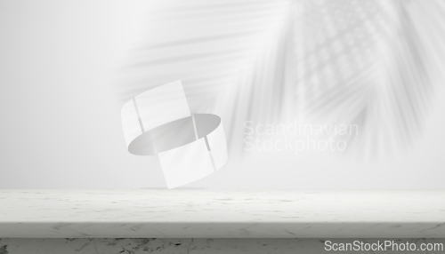 Image of Luxury marble table with plant shadow on white wall for product 