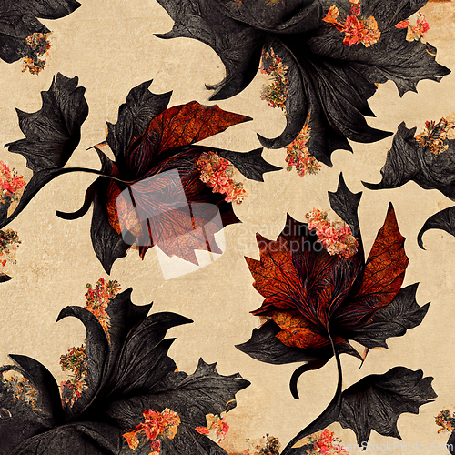 Image of Baroque maple leaves swirls wallpaper decor on beige stucco wall