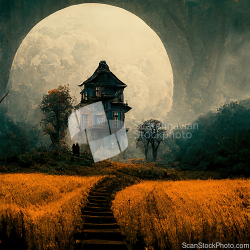 Image of Halloween night scene with haunted house and full moon. Horror o