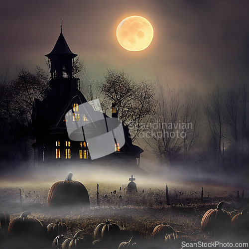 Image of Haunted house on pumpkin field at night. Halloween design. Full 