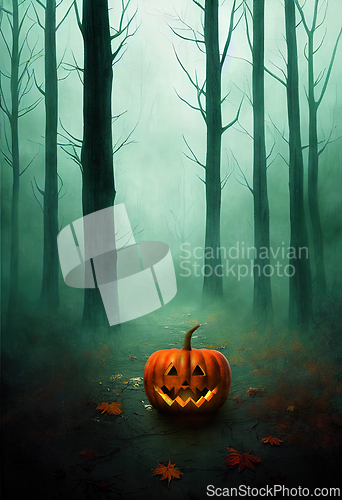 Image of Halloween pumpkin in dark deep forest at halloween night. Jack o