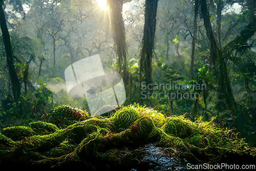 Image of Misty jungle rainforest  in the morning. Tropical forest with su