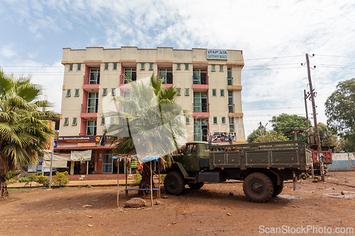Image of Architectural and transportation contrasts in the growing town center of Fenote Selam. Fenote Selam, Ethiopia
