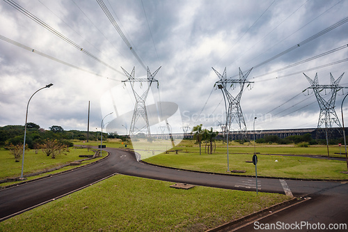 Image of Power lines extend from Itaipu Hydroelectric Plant, distributing electricity across Brazil and Paraguay. Itaipu Binacional, Brazil