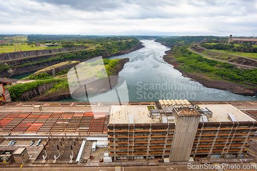 Image of View of the immense engineering complex of the Itaipu Hydroelectric Plant, a shared venture on border. Itaipu Binacional, Brazil