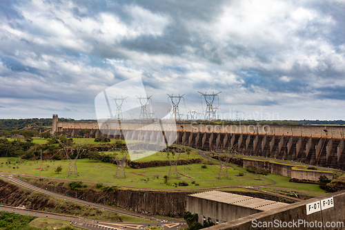 Image of The powerful scale of the Itaipu Binacional Hydroelectric Plant on the Parana River border is evident. Itaipu Binacional, Brazil