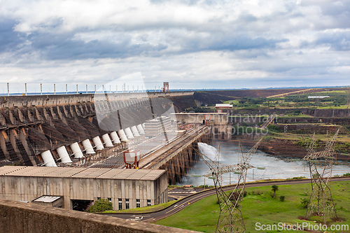 Image of Downstream view of the Itaipu Dam, showing the operational turbine outlets. Itaipu Binacional, Brazil
