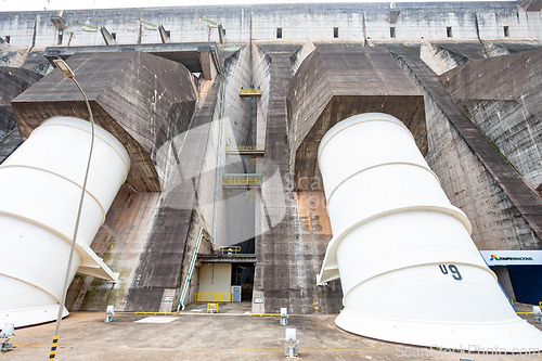 Image of Huge water outlet structures and the deep central access shaft of the world-renowned Itaipu Dam. Itaipu Binacional, Brazil