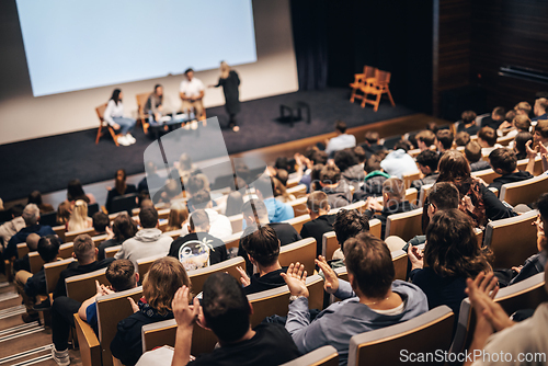 Image of Interview and round table discussion at business convention and presentation. Audience at the conference hall. Business and entrepreneurship symposium