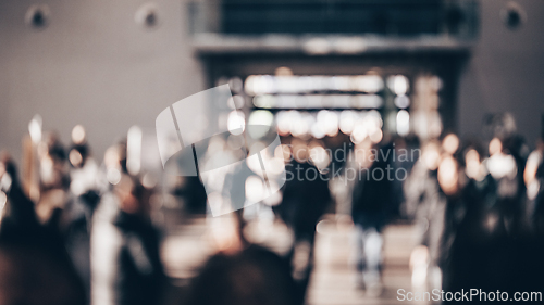 Image of Abstract blurred people at exhibition hall of expo event trade show. Business convention show or job fair. Business concept background.