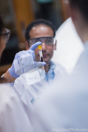 Image of Middle Eastern and Arab young doctors and lab technician examining blood sample in medical laboratory