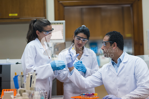 Image of Young medical team of lab technicians and doctors examining blood sample in clinical laboratory