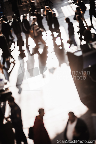 Image of Abstract blurred people at exhibition hall of expo event trade show. Business convention show or job fair. Business concept background.