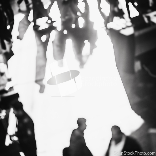 Image of Abstract blurred people at exhibition hall of expo event trade show. Business convention show or job fair. Business concept background. Black and white image