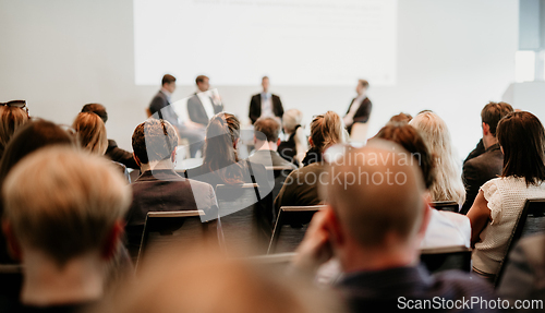 Image of Interview and round table discussion at business convention and presentation. Audience at the conference hall. Business and entrepreneurship symposium