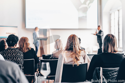 Image of Interview and round table discussion at business convention and presentation. Audience at the conference hall. Business and entrepreneurship symposium
