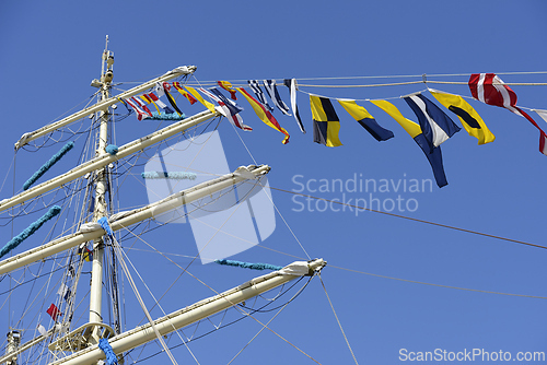 Image of close-up view of the intricate rigging, masts, and sails of a ta