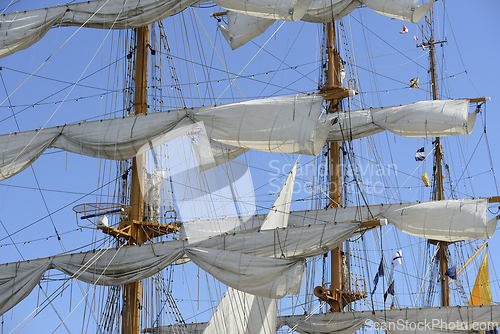 Image of close-up view of the intricate rigging, masts, and sails of a ta