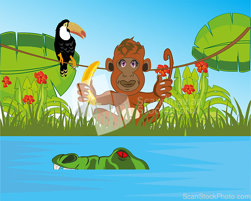 Image of River and green jungle with wildlifes and bird