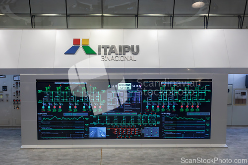 Image of Digital interface shows electrical schematic and data for power generated by the binational facility. Itaipu Binacional, Brazil
