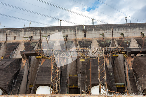 Image of View of the massive buttress structure and water outlets of the Itaipu Binacional Hydroelectric Dam. Itaipu Binacional, Brazil
