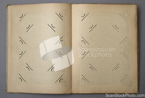 Image of an open vintage photo album with two blank pages designed to hol