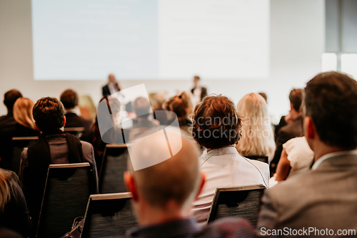 Image of Interview and round table discussion at business convention and presentation. Audience at the conference hall. Business and entrepreneurship symposium