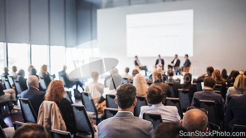 Image of Interview and round table discussion at business convention and presentation. Audience at the conference hall. Business and entrepreneurship symposium