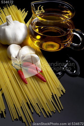 Image of pasta garlic extra virgin olive oil and red chili pepper