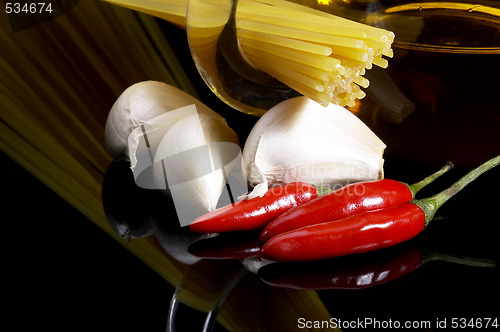 Image of pasta garlic extra virgin olive oil and red chili pepper