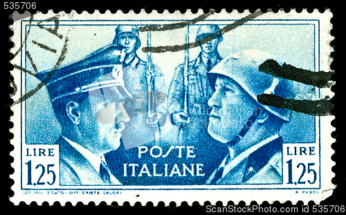 Image of vintage ww2 stamp depicting the dictators Hitler and Mussolini