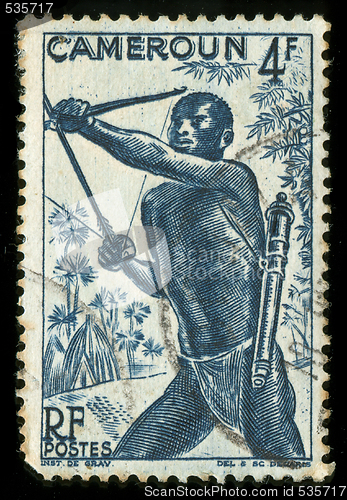 Image of Vintage stamp from Cameroon depicting a tribal hunter