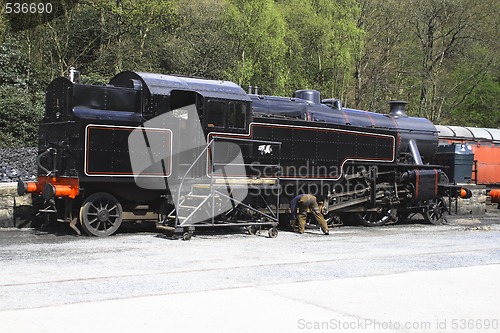 Image of black locomotive being cleaned up 