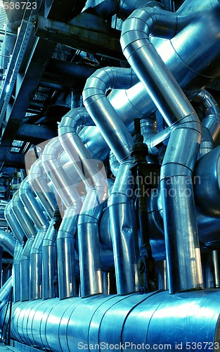 Image of Pipes, tubes, machinery and steam turbine at a power plant