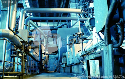 Image of Pipes, tubes, machinery and steam turbine at a power plant