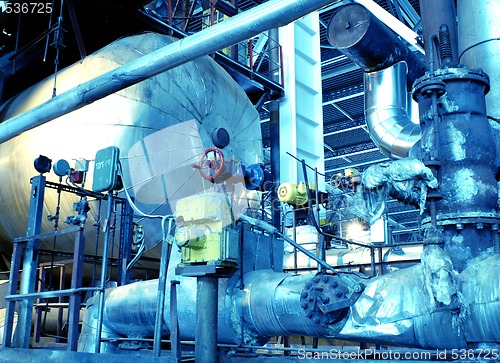 Image of Pipes, tubes, machinery and steam turbine at a power plant