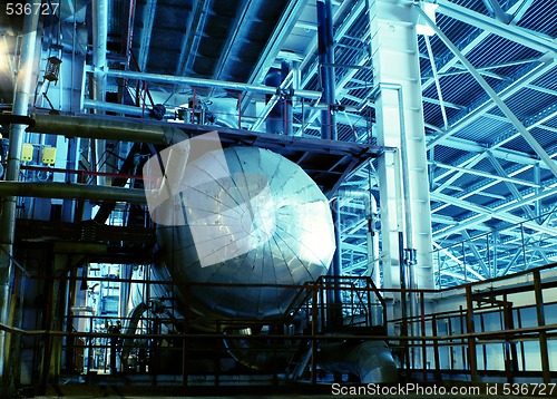 Image of Pipes, tubes, machinery and steam turbine at a power plant