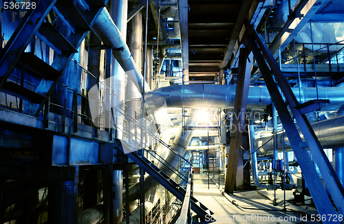 Image of Pipes, tubes, machinery and steam turbine at a power plant