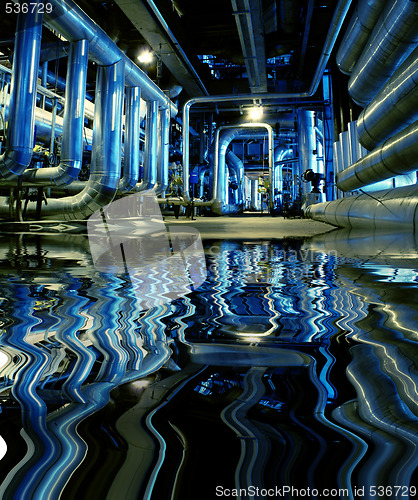 Image of Pipes, tubes, machinery and steam turbine at a power plant