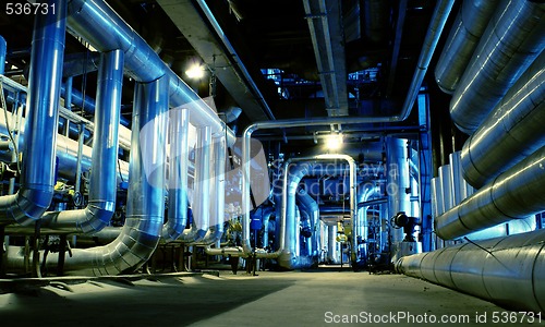 Image of Pipes, tubes, machinery and steam turbine at a power plant