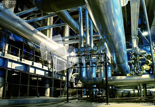 Image of Pipes, tubes, machinery and steam turbine at a power plant