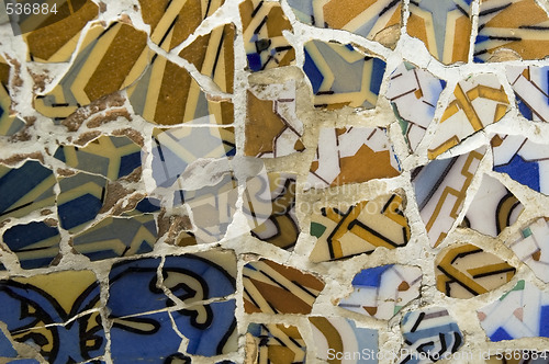 Image of Detail of the ceramics from the Guadi bench in park Guell Barcelona, Spain