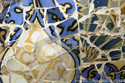 Image of Detail of the ceramics from the Guadi bench in park Guell Barcelona, Spain