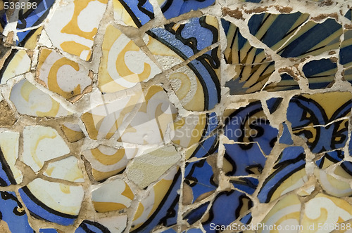 Image of Detail of the ceramics from the Guadi bench in park Guell Barcelona, Spain