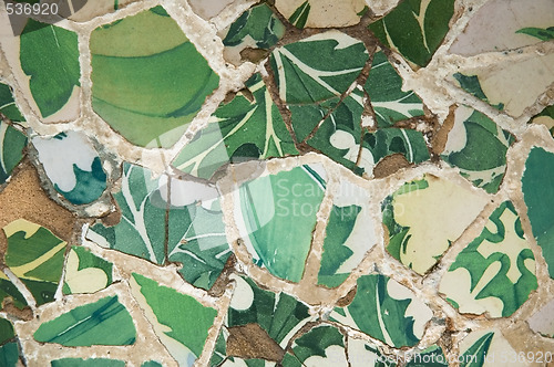 Image of Detail of the ceramics from the Guadi bench in park Guell Barcelona, Spain