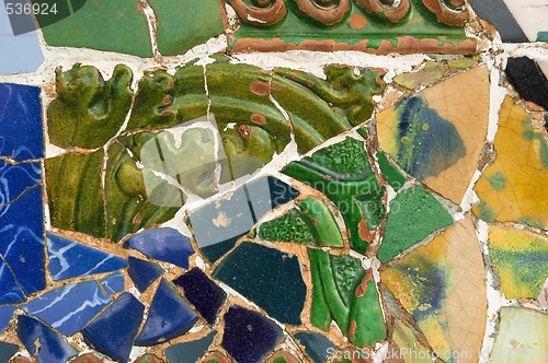 Image of Detail of the ceramics from the Guadi bench in park Guell Barcelona, Spain