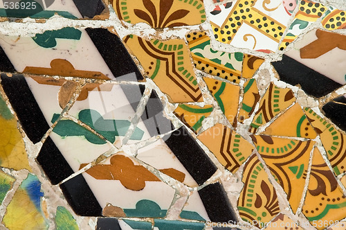 Image of Detail of the ceramics from the Guadi bench in park Guell Barcelona, Spain