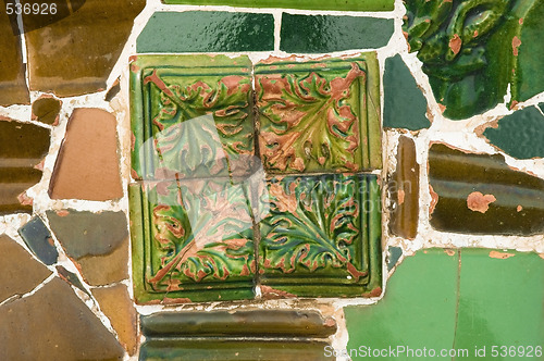 Image of Detail of the ceramics from the Guadi bench in park Guell Barcelona, Spain