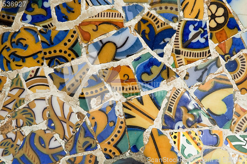 Image of Detail of the ceramics from the Guadi bench in park Guell Barcelona, Spain